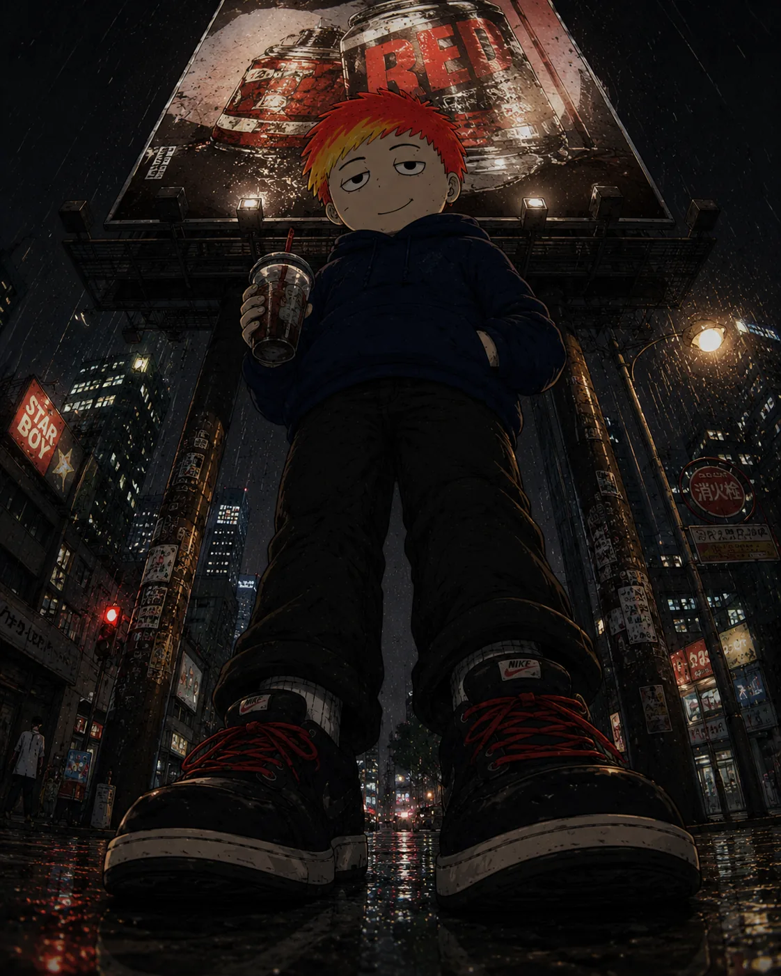 Byoch standing under a soda billboard in the rain