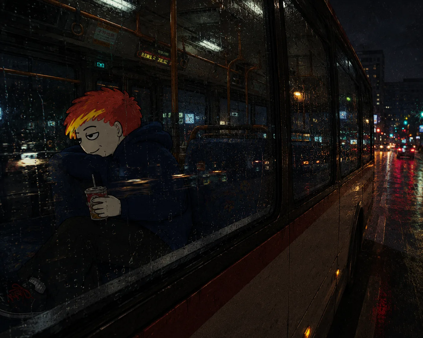 Byoch on a rainy night bus with a soda