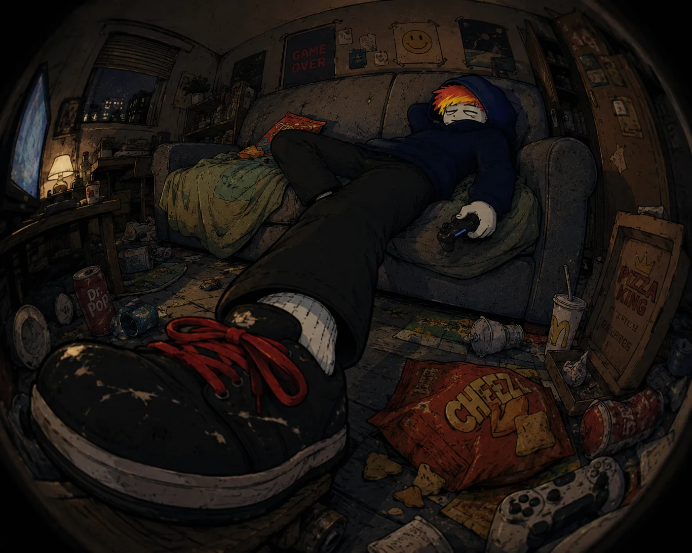 Byoch on the couch with a controller, room a mess